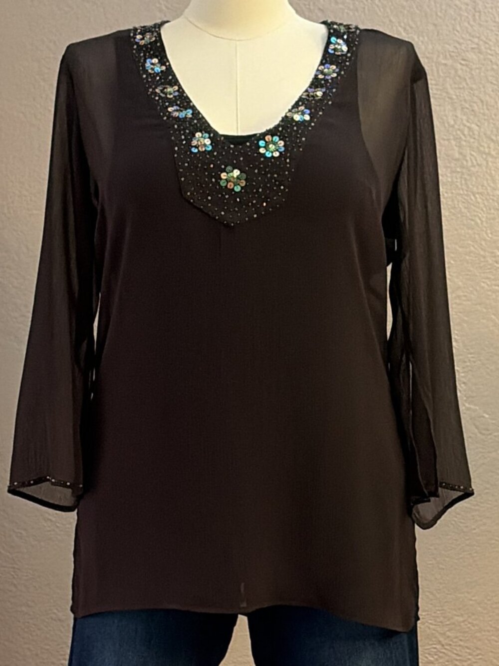 New York & Co Sheer Brown Sequin Embellished V-Neck Tunic Beach Cover-Up Large